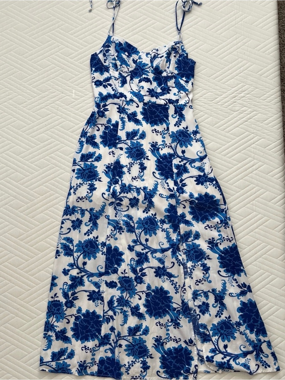 White and Blue Floral Midi Dress with Spaghetti Straps
